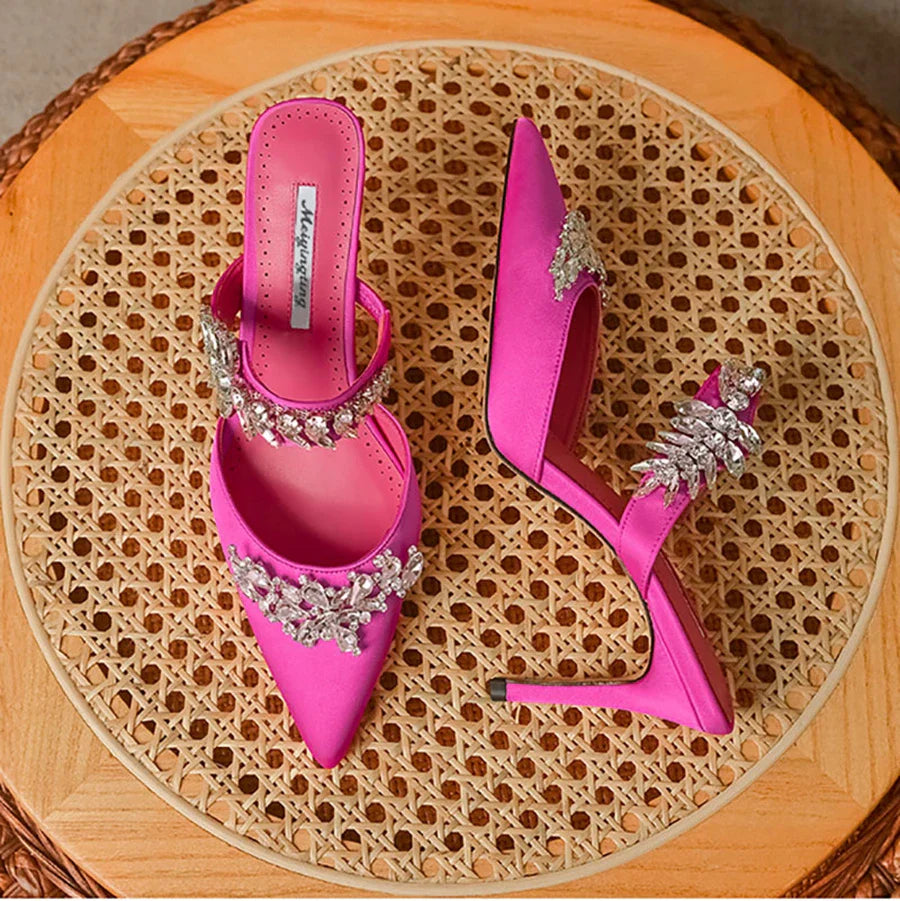 Women's High HeelsTemperament Baotou Silk Wheat Ear Rhinestones Muller Semi-Trailer Pump Pointed Stiletto Sandals
