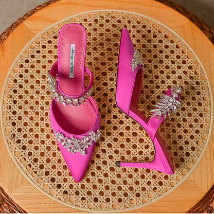 Women's High HeelsTemperament Baotou Silk Wheat Ear Rhinestones Muller Semi-Trailer Pump Pointed Stiletto Sandals