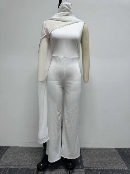 White Wide Leg Party Jumpsuit Sexy Women One Shoulder Elegant Solid Ruffles Casual Overalls Rompers
