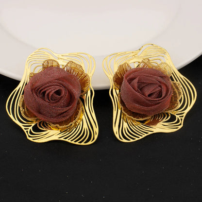 Women Gold Color Jewelry Set Braided Red Rose Design Large Pendant Unique Earrings Dubai Arab Fashion Ring Bracelet Party Gift