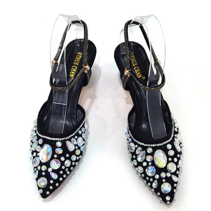 Venus Chan Pointed Toe Heels for Women Party Green Color Full Diamond Lace Matching Design Italian Shoe and Bag Set Designer