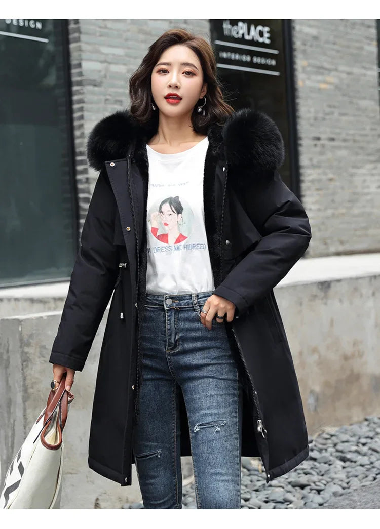 Winter Parka 2024 New Women Jacket Clothes Long Coat Wool Liner Hooded Jacket Fur Collar Thick Warm Snow Wear Fashion Parka