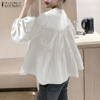 ZANZEA Fashion Women Long Puff Sleeve Blouse Autumn Spring Eelgant Shirt Ruffles Blusas Femininas Mujer Party Work Tops Tunic