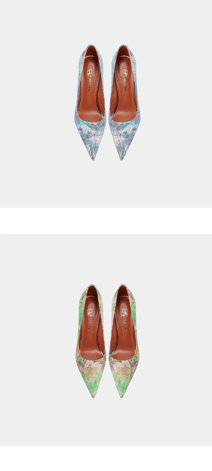 Spring Pumps Women Shoes Flower Totem Slip-On Shallow Shoes Wedding Party Pointed Toe High Heels Pump Femme Special-shaped Heel
