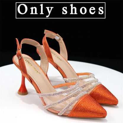 Venus Chan Shoes for Women 2023 Pointed Toe Black Heels Rhinestone Chain Party Sandals Italian Shoes and Bags Matching Set 2023