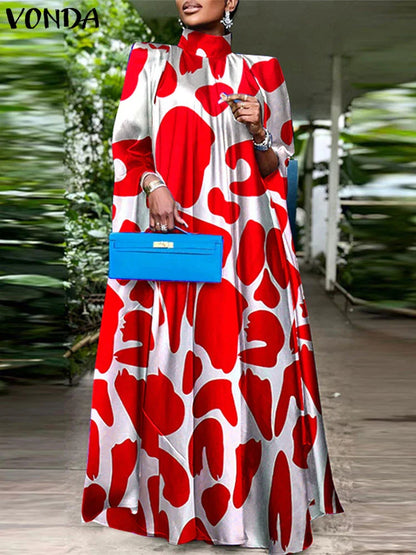 VONDA Women Elegant Printing Maxi Long Dress 2025 Casual Stand Collar Robes Bohemian Bat-wing Sleeve Party Vestidos Oversized
