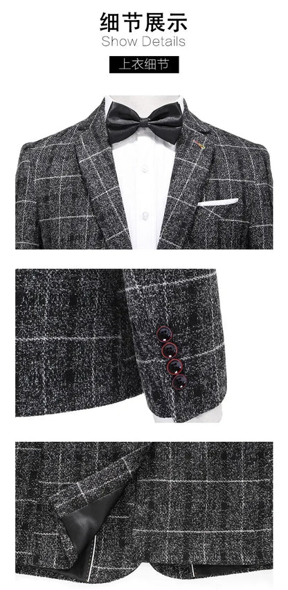 Traje De Hombre Elegante (Blazer+ Vest + Pants) Men's Fashion Business Gentleman Wedding Casual Plaid Cotton Linen British Suit