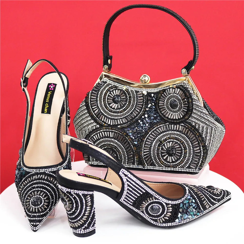 Spot Goods Elegant Streamlined Pointed Toe Women's Shoes Matching Flower Basket Handbag Party Women's Shoes And Bag Set