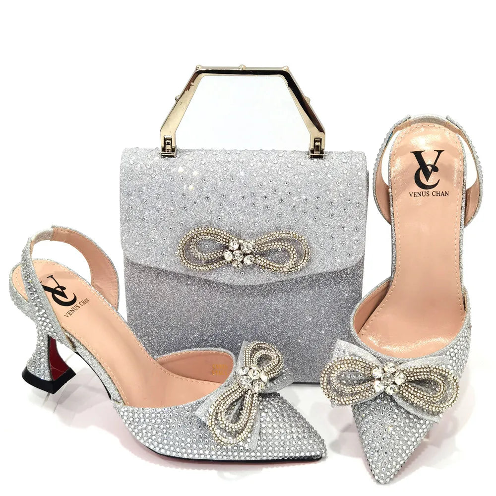 The Latest Style Rhinestone Bow Side Empty Party High Heels Pointed Toe Stiletto Heels Silver Women's Shoes And Bags