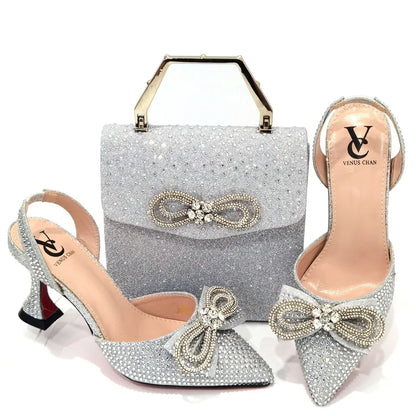 The Latest Style Rhinestone Bow Side Empty Party High Heels Pointed Toe Stiletto Heels Silver Women's Shoes And Bags