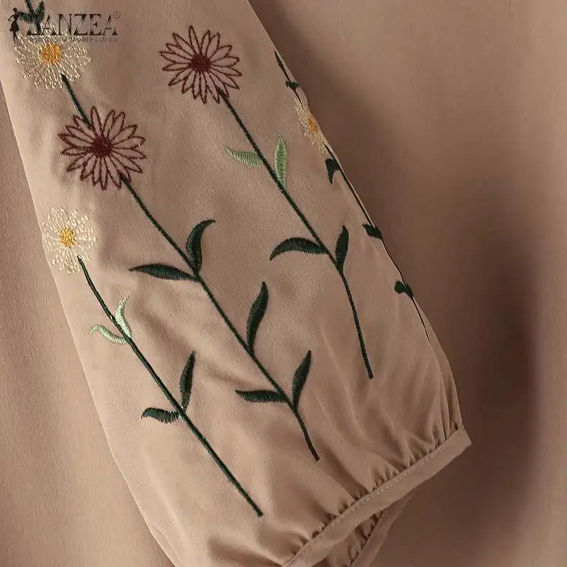 ZANZEA Fashion Women 3/4 Sleeve Embroidery Blouse Pants Sets Autumn 2PCS Floral Tracksuit Casual Loose Wide Leg Trousers Suits