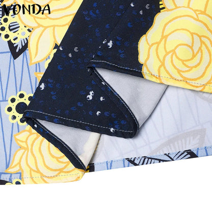 VONDA Bohemian Vestidos 2024 Women Casual Flared Long Sleeve Maxi Dresses Round Neck Loose Print Sundress Ruffles Pleated Robes