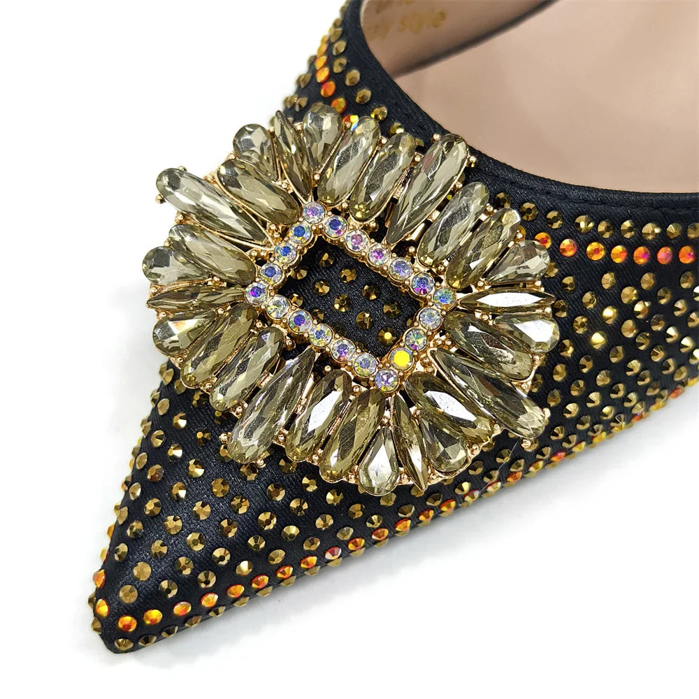 Venus Chan Luxury Rhinestone Heel & Handbag Set – Black & Gold Party Combo