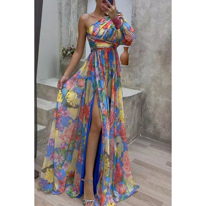 Women's S-XL Size Autumn and Winter Gathering New Casual Split Dress INS Loose Multi Color Slanted Shoulder Fashion Slimming