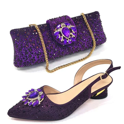 New Arrival Fashion Shoes Matching Bag Set Royal Blue Color Decorated with Crystal Ladies Wedding Party Women High Heel