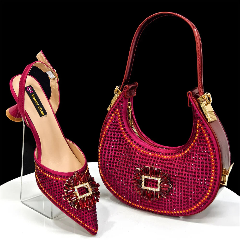 Venus Chan Luxury Rhinestone Heel & Handbag Set – Black & Gold Party Combo