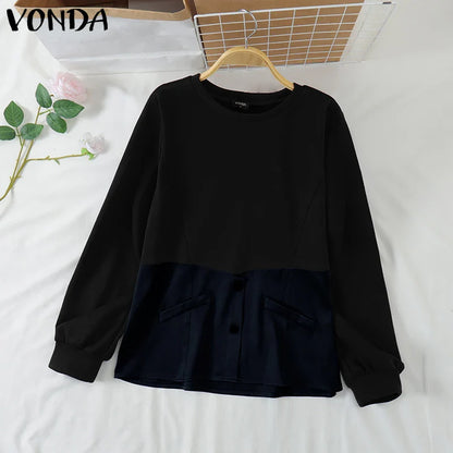 VONDA Casual Pullovers Round Neck Hoodies Spring Patchwork Contrasting Button Long Sleeved Sweatshirts 2025 Oversized Blouses