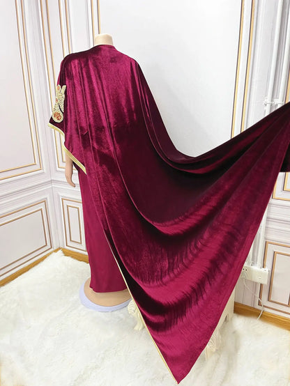 Ramadan Luxury Muslim Fashion Bat Sleeve Moroccan Turkiye Dubai Dress Middle East Arab Dress Sequins Golden Velvet Long Dress