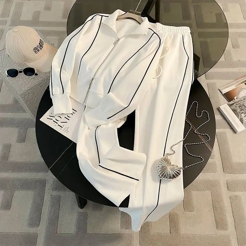 Sports Suit for Women, Autumn Fashion, Casual, Age Reducing, Western-style Zipper Sweatshirt, Wide Leg Pants Two-piece Set pants