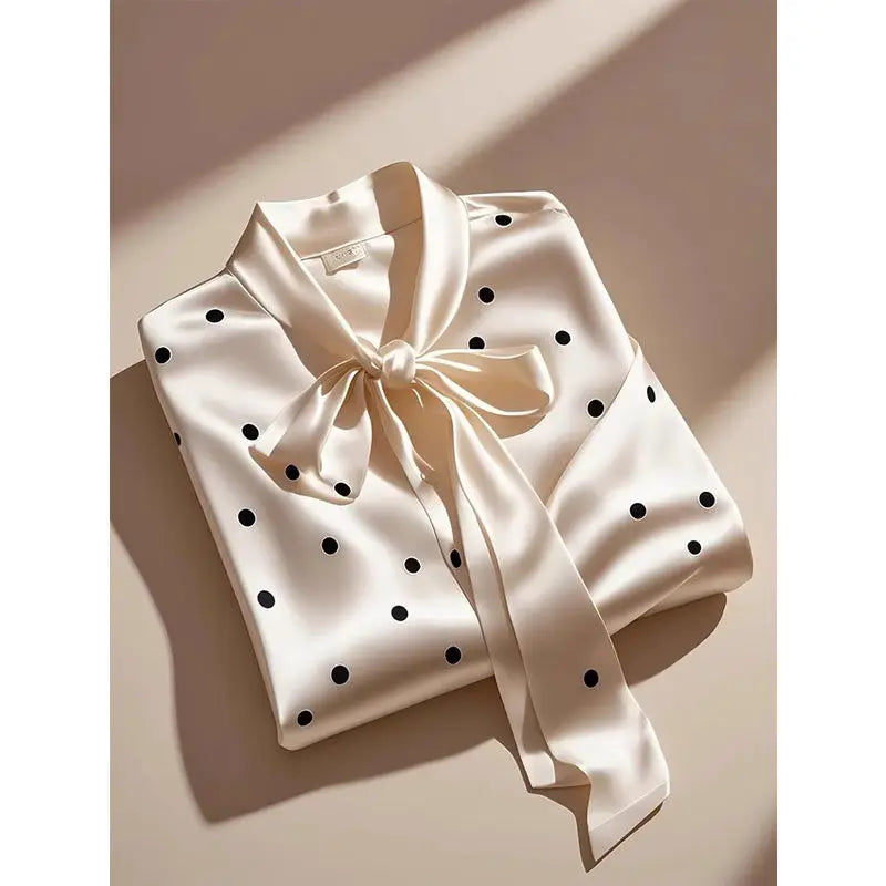 Women High Quality Satin Polka Dot Print Shirt Office Lady Business Casual Elegant Chic Blouse Lace-up Bow Long Sleeve Loose Top