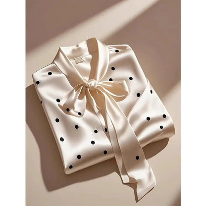 Women High Quality Satin Polka Dot Print Shirt Office Lady Business Casual Elegant Chic Blouse Lace-up Bow Long Sleeve Loose Top