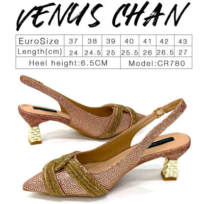 Venus Chan-Nigerian Heel Party for Women Shoes and Bag Set Champagne Colour Rhinestone Handbag Italian Design Wedding INS 2024