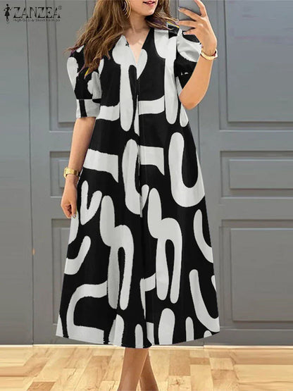 ZANZEA Women's A-line Midi Dresses Street Fashion All-Over Print Short Puff Sleeve V-Neck Robes Femme 2025 Summer Loose Vestidos