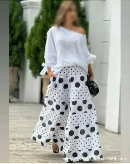 New Casual Set Fashion High Street Outfits Casual Diagonal Neck Hollow Nine-quarter Top Loose Polka Dot Printed Leg Pants Suit