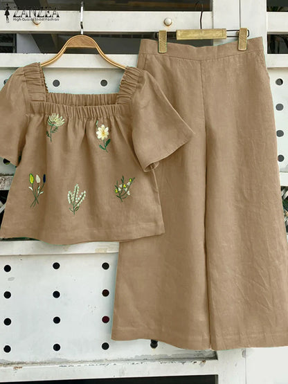ZANZEA Women Short Sleeve Square Collar Tops Elastic Waist Pant Sets Summer Outfits Elegant Floral Embroidery Two Piece Suts
