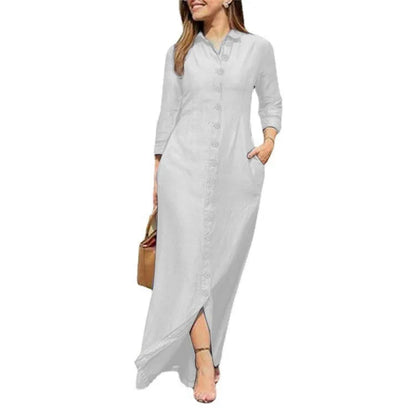 Women's Dress Single Breasted Temperament Long Sleeved Robe Retro Long Style Solid Color Casual Dress Button Up Shirt Long Style