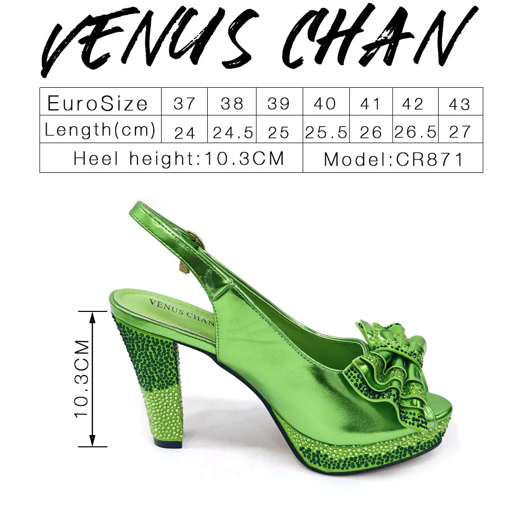 Venus Chan Open Toe Women Heels for 2024 Elegant Party Green Color Diamond Pumps Italian Shoes and Bags Matching Set