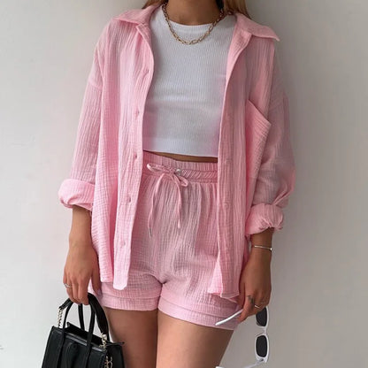 Women's Short Sets 2 Pcs Sale Grass Green Loose Button Cardigan Blouse Coats & Drawstring Wide Leg Loose Short Pant Suits