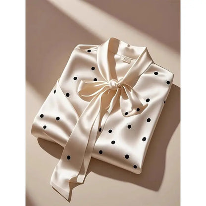 Women High Quality Satin Polka Dot Print Shirt Office Lady Business Casual Elegant Chic Blouse Lace-up Bow Long Sleeve Loose Top