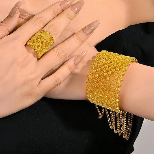Yellow Gold Color Dubai Jewelry Set For Women Round Hollow Alloy Wide Bracelets Rings Sets African Statement Bangle With Chains