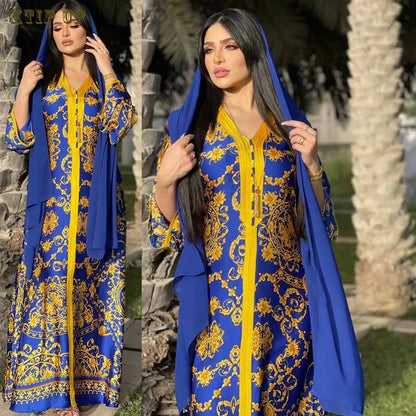 Ramadan Luxury Muslim Fashion Bat Sleeve Moroccan Turkiye Dubai Dress Middle East Arab Dress Sequins Golden Velvet Long Dress