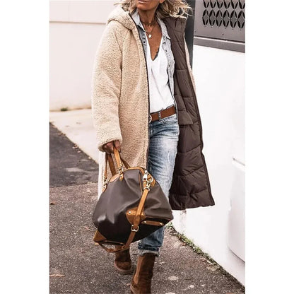 Winter Hooded Quilted Jacket For Women Solid Reversible Long Sleeve Thick Coat Warm Fashion Long Outerwear Casual Puffer Coats