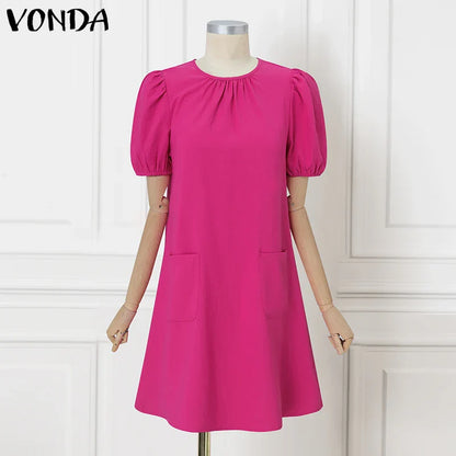 VONDA Women Party Dress Solid Color Casual Office Work Mini Sundress 2025 Summer Female O Neck Vestidos Oversized Loose Robe