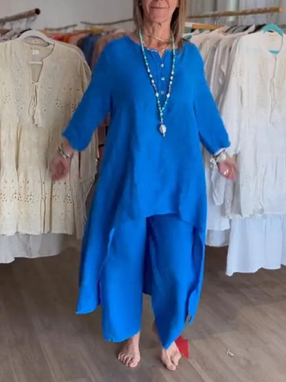 Plus Size Women Casual Linen Two Piece Sets 2024 New Summer Vintage Long Blouse and Wide Leg Pants Suits Female Tracksuits Set
