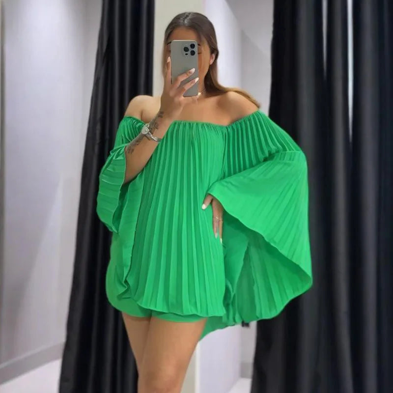 Women's Sexy One Shoulder Pleated Chiffon Long Sleeve Shorts 2 Piece Fashion Loose Shawl Sleeves Elegant Female Beach Shorts Set