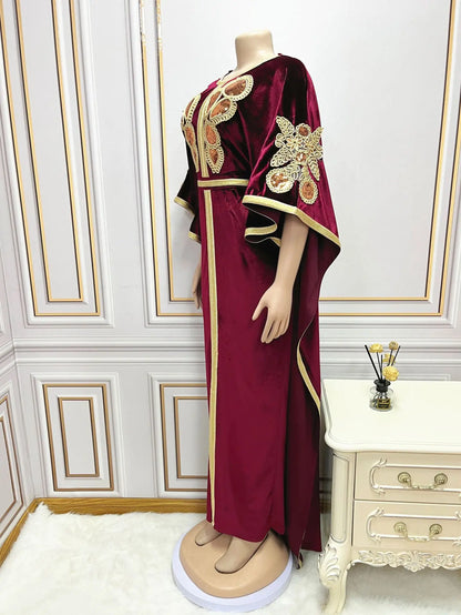 Ramadan Luxury Muslim Fashion Bat Sleeve Moroccan Turkiye Dubai Dress Middle East Arab Dress Sequins Golden Velvet Long Dress