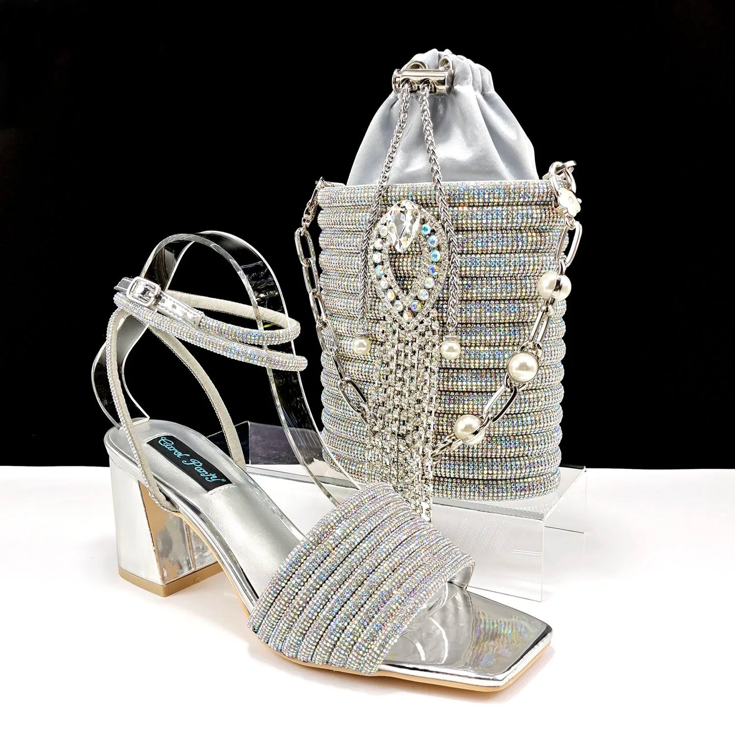 Newest Olive Colour Personalized  Design Rhinestone Decoration High Heel Peep Toe Banquet Ladies Shoes And Bag Set