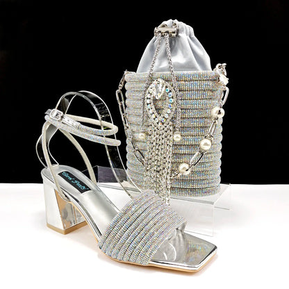 Newest Olive Colour Personalized  Design Rhinestone Decoration High Heel Peep Toe Banquet Ladies Shoes And Bag Set