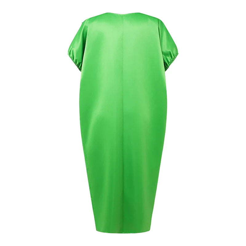 VONDA Plus Size Bohemian Women Maxi Dress 2025 Summer Split Long Sundress V-Neck Short Sleeve Casual Solid Party Satin Robe 5XL