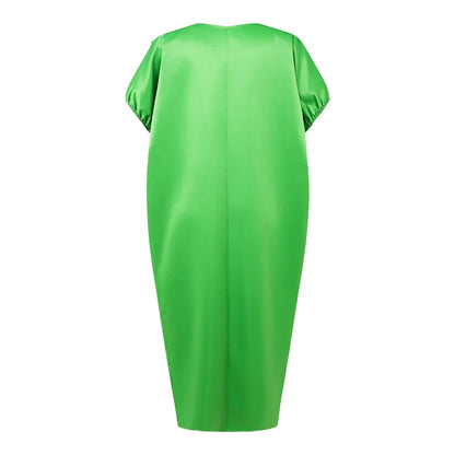 VONDA Plus Size Bohemian Women Maxi Dress 2025 Summer Split Long Sundress V-Neck Short Sleeve Casual Solid Party Satin Robe 5XL
