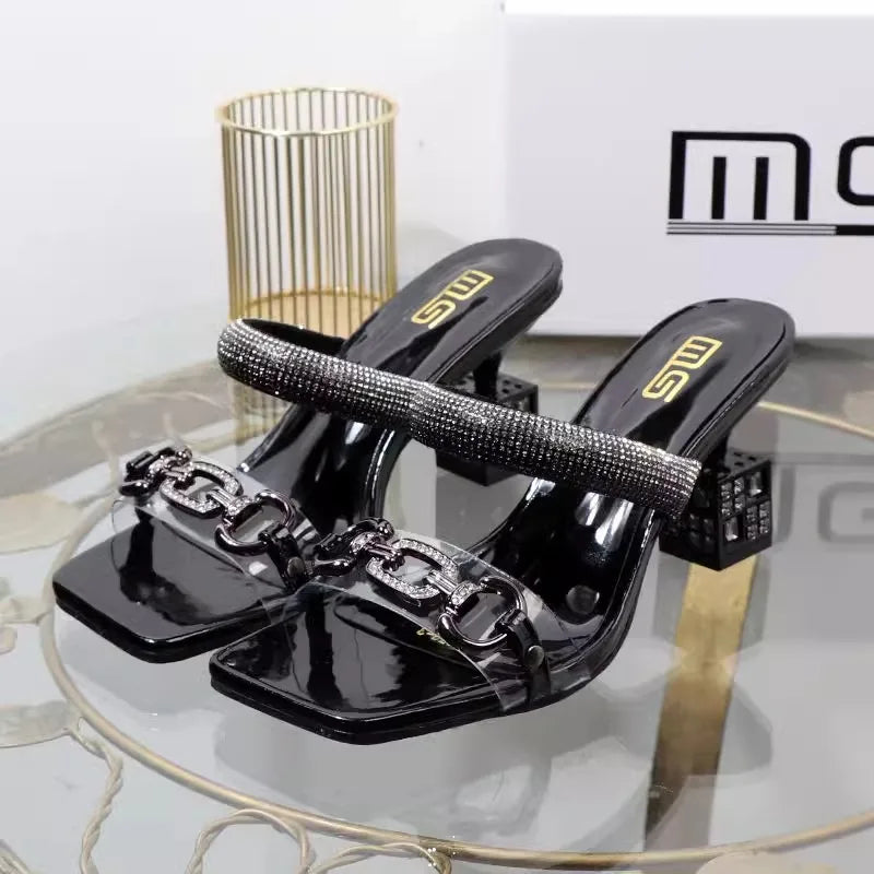 Womens Slippers with Middle Heel Open Toes Anti Slip Rhinestones Chain Buckle 2025 New Summer Outdoor PU Fashion Slippers