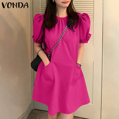 VONDA Women Party Dress Solid Color Casual Office Work Mini Sundress 2025 Summer Female O Neck Vestidos Oversized Loose Robe