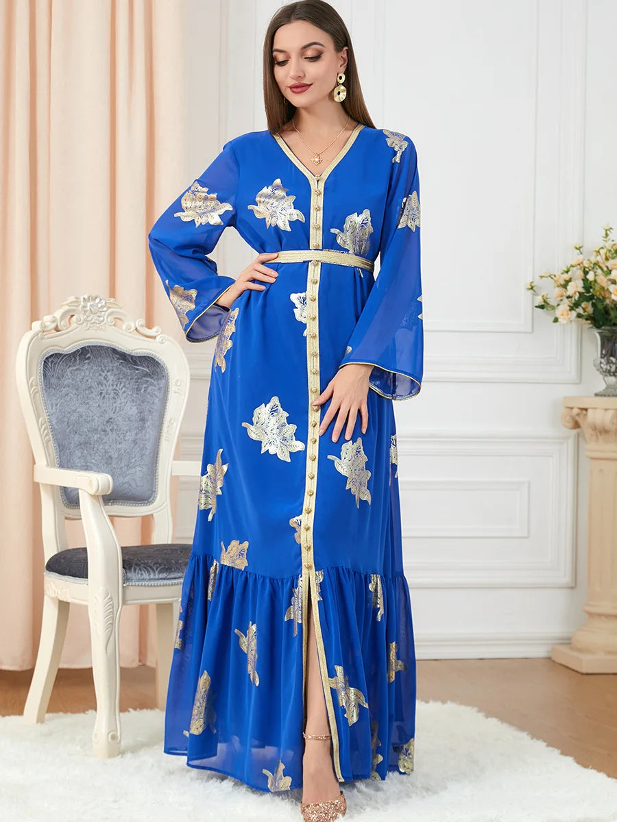 Ramadan Luxury Muslim Fashion Bat Sleeve Moroccan Turkiye Dubai Dress Middle East Arab Dress Sequins Golden Velvet Long Dress