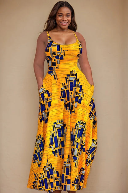 Women Plus Size Casual Tank Dress Yellow Geometric Print U Neck Sleeveless Sundress Pocket Vintage Slim Maxi Dress Sundress