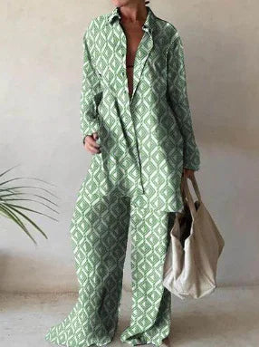Women Set Autumn Long Sleeve Lapel Printed Casual Fashion Elegant Beach Loose Wide Leg Trousers Ladies Two Piece Suits Pant Sets