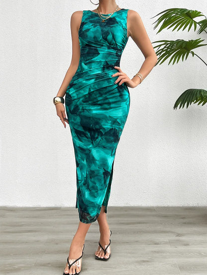 Women's 2024 Spring Summer New Fashionable Printed Round Neck Style Slimming Sleeveless Tight Dress With Split Bottom